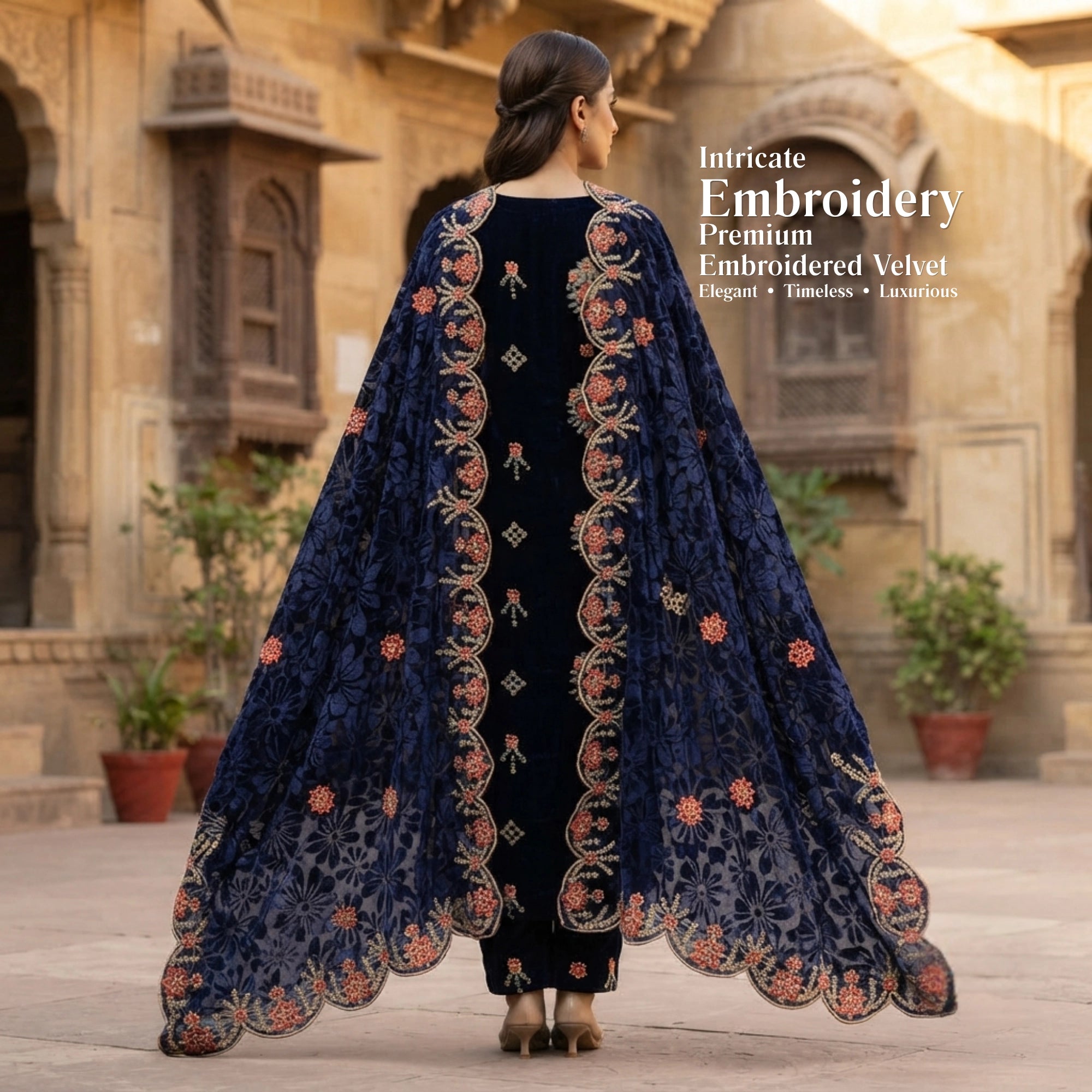 Midnight Navy Embroidered Velvet 3 Piece Unstitched Suit