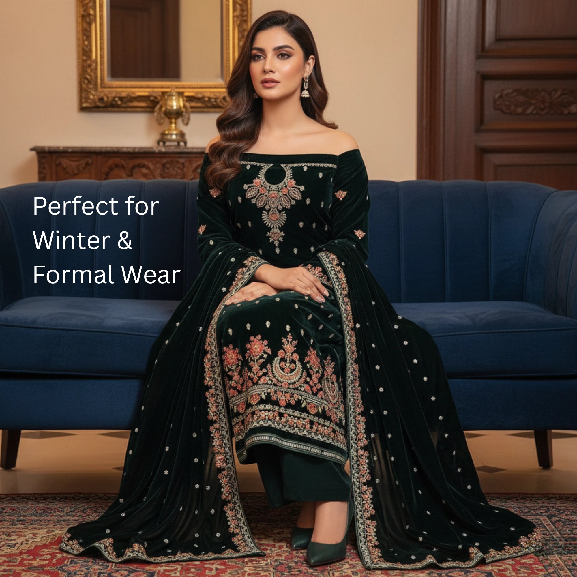 Dark Green Velvet Unstitched Suit 3 Piece Premium
