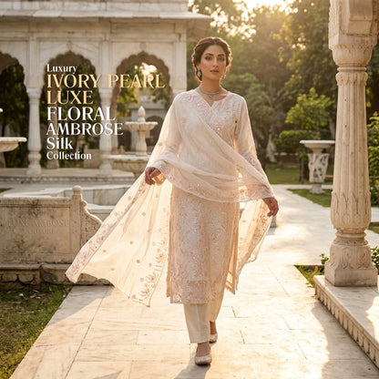 Ivory Pearl Luxe – 3 Piece Unstitched Ambose Silk Suit