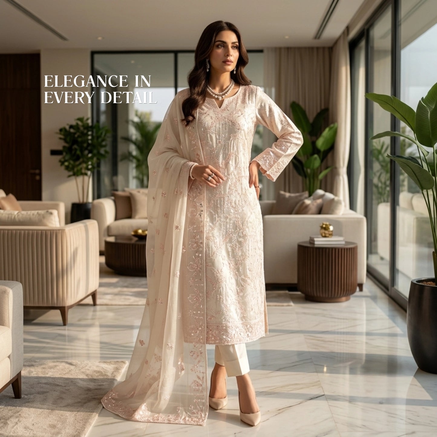 Ivory Pearl Luxe – 3 Piece Unstitched Ambose Silk Suit