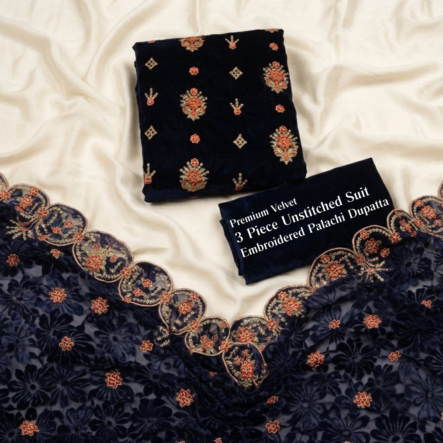 Midnight Navy Embroidered Velvet 3 Piece Unstitched Suit
