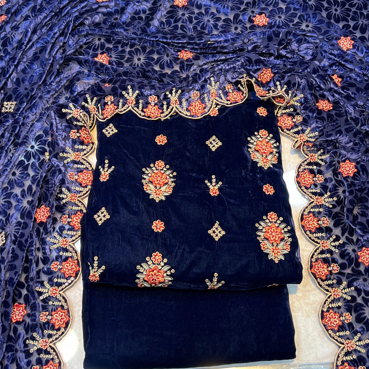 Midnight Navy Embroidered Velvet 3 Piece Unstitched Suit
