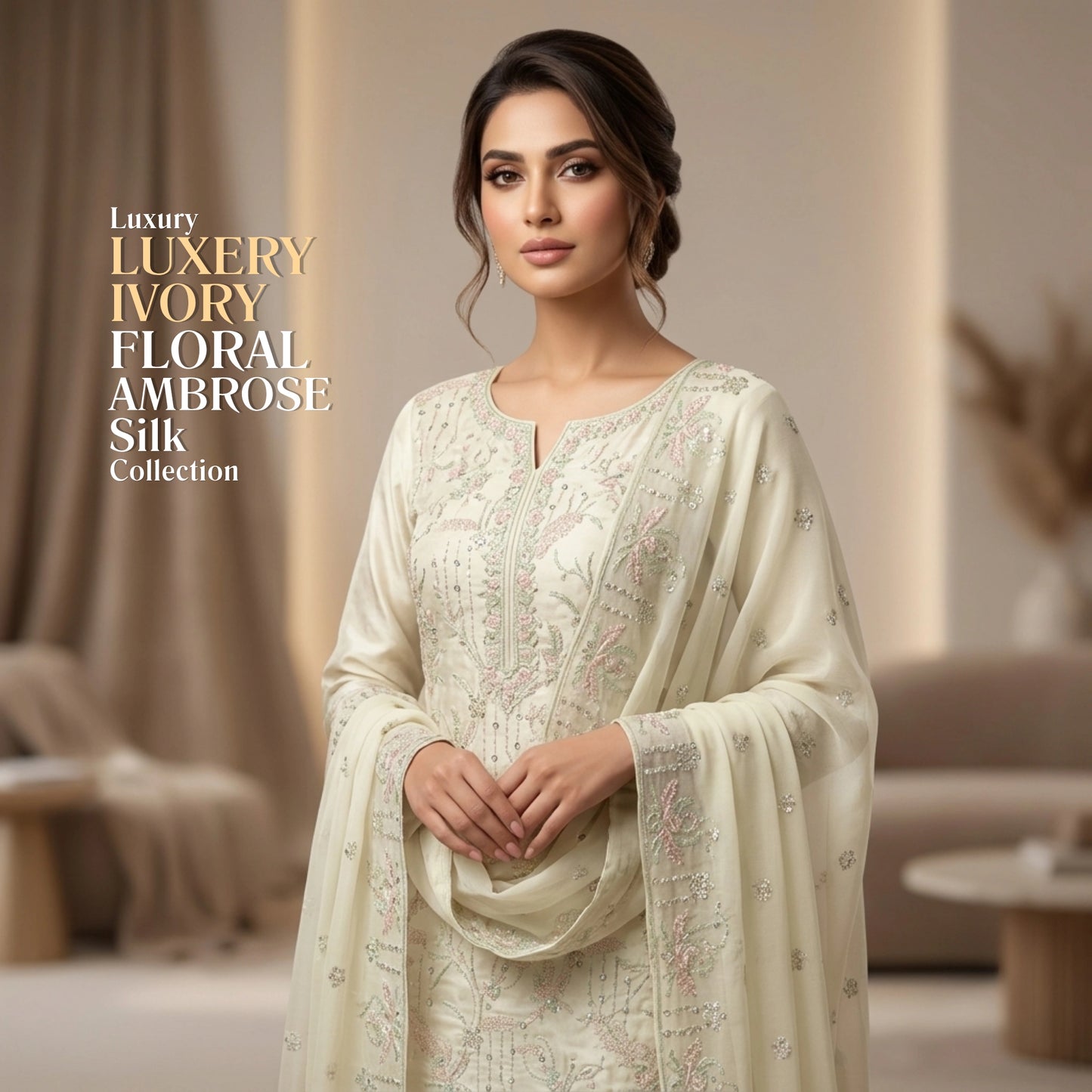Luxury Ivory Ambose Silk 3 Piece Unstitched Suit