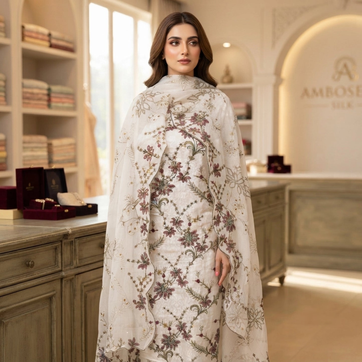 Elegant White Ambose Silk Floral Embroidery 3 Piece Unstitched Suit