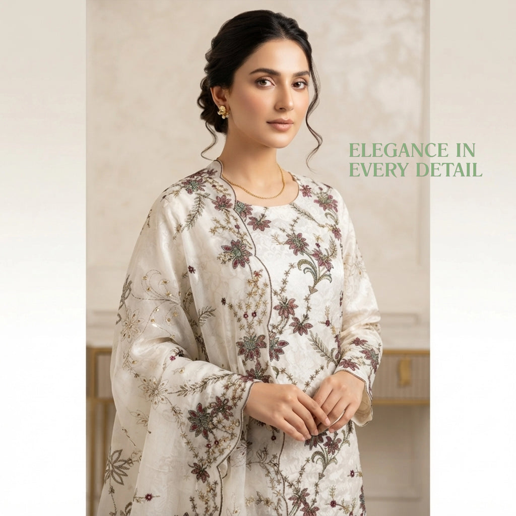 Elegant White Ambose Silk Floral Embroidery 3 Piece Unstitched Suit