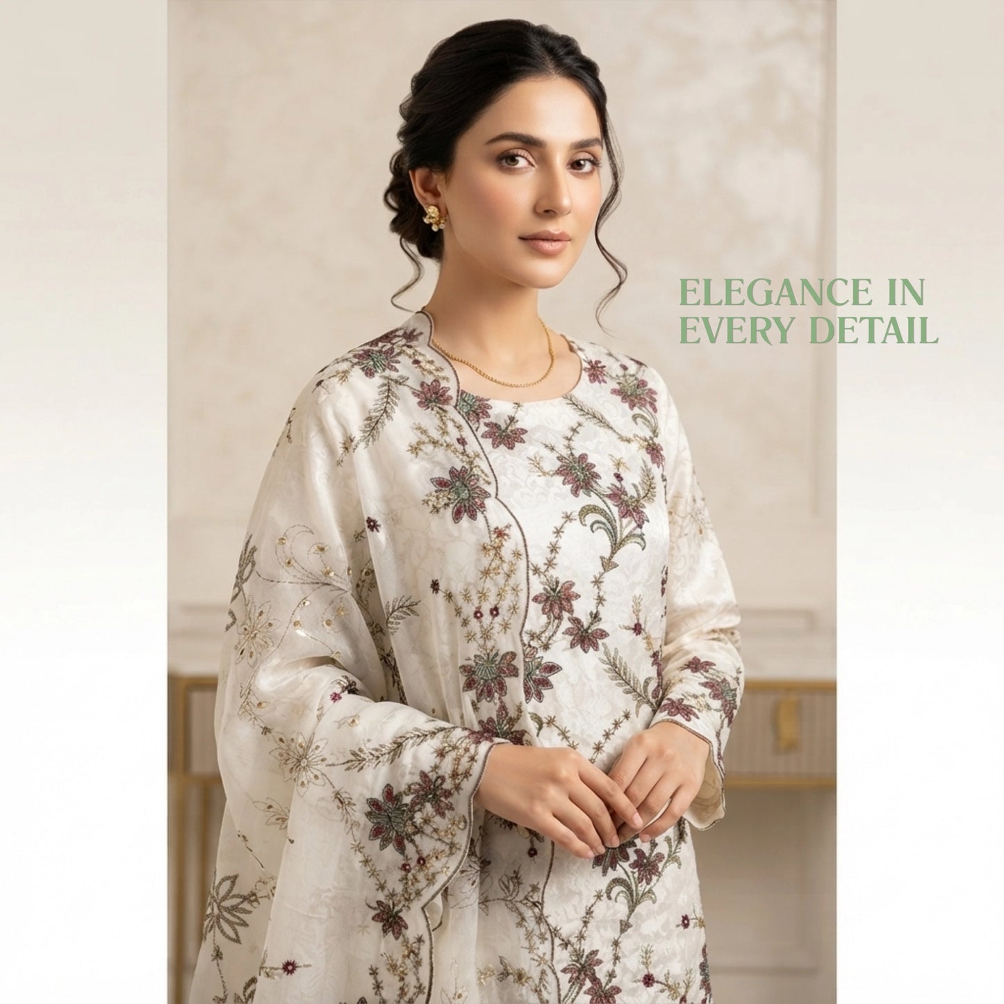 Elegant White Ambose Silk Floral Embroidery 3 Piece Unstitched Suit