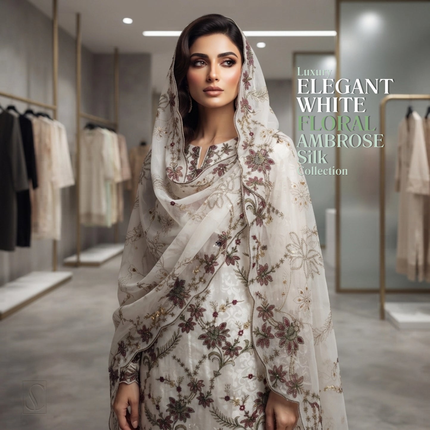 Elegant White Ambose Silk Floral Embroidery 3 Piece Unstitched Suit