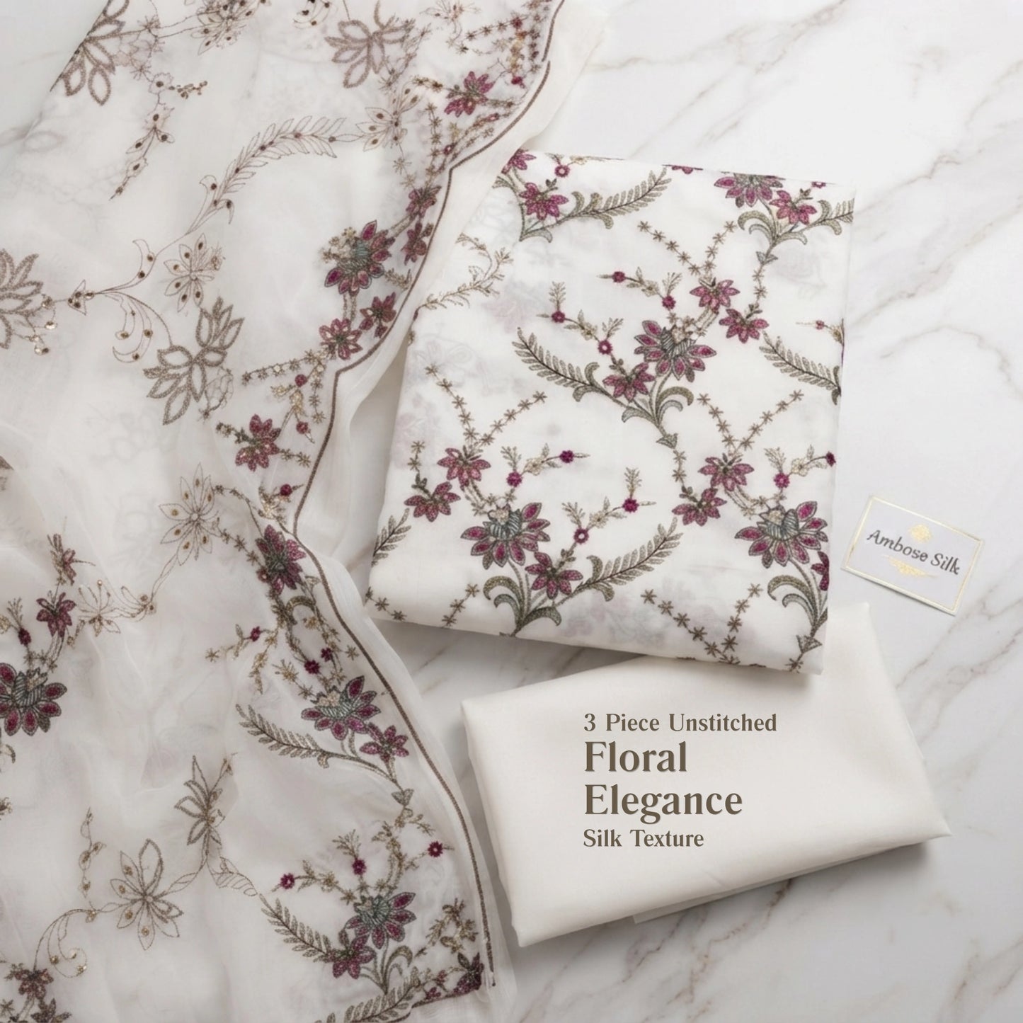 Elegant White Ambose Silk Floral Embroidery 3 Piece Unstitched Suit