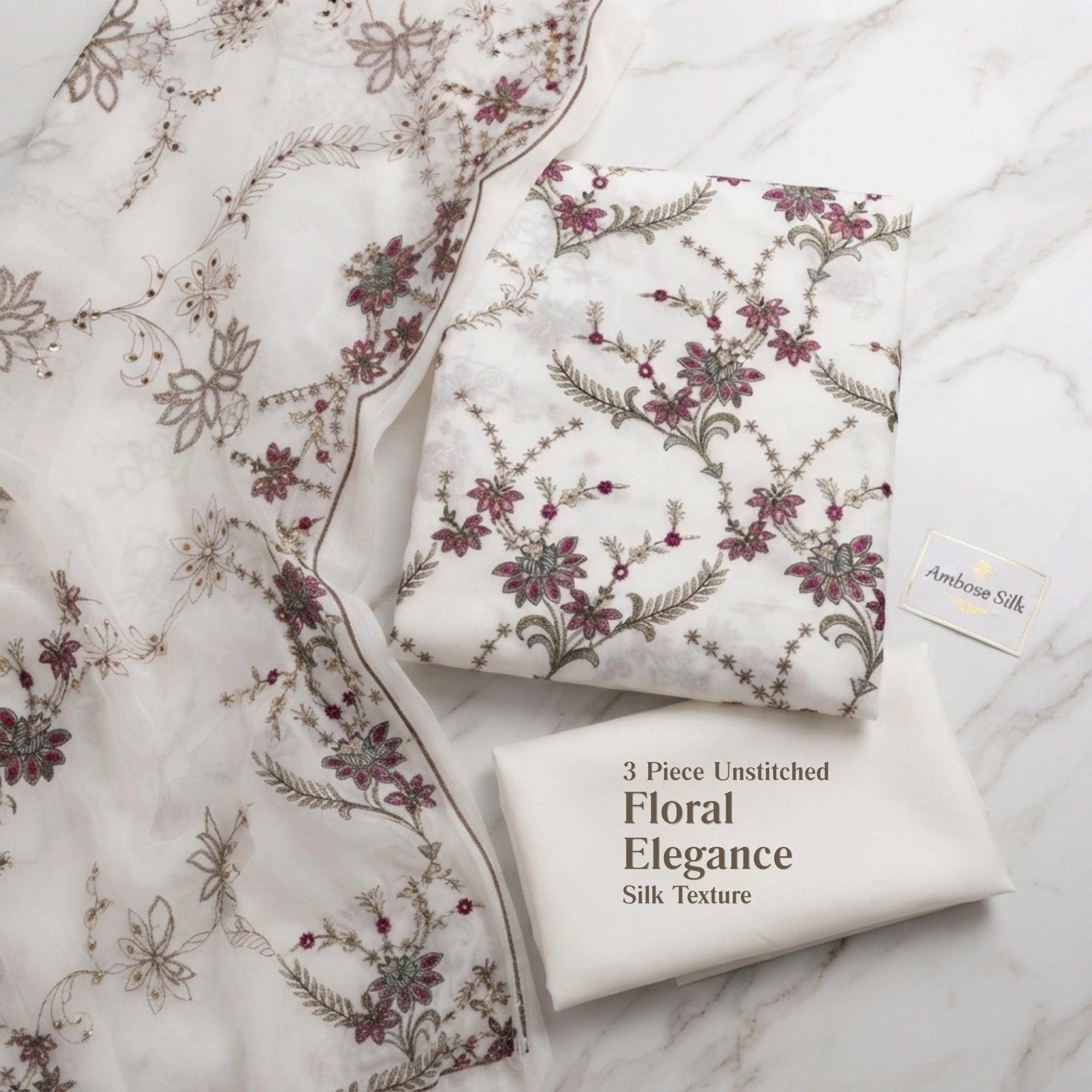 Elegant White Ambose Silk Floral Embroidery 3 Piece Unstitched Suit