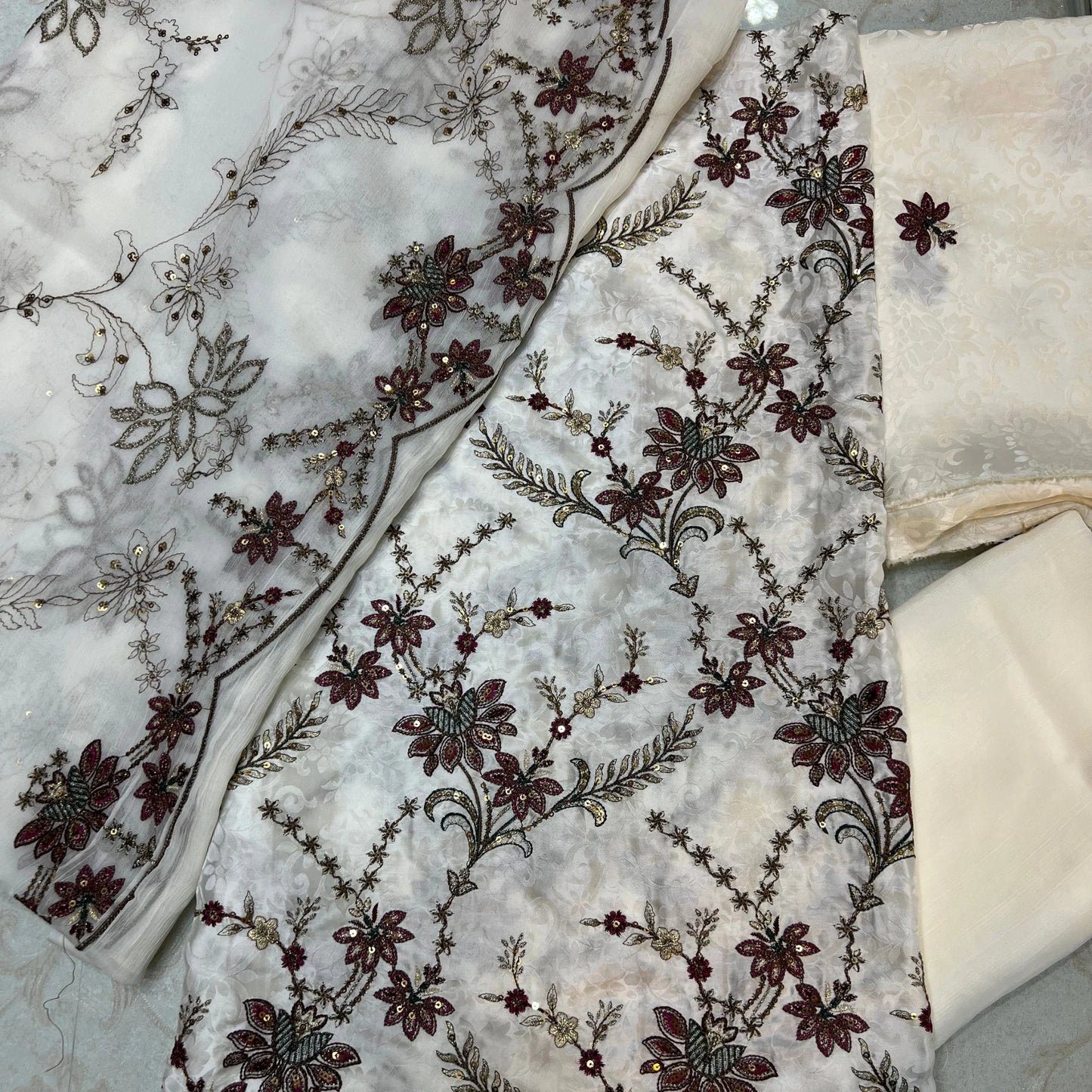Elegant White Ambose Silk Floral Embroidery 3 Piece Unstitched Suit
