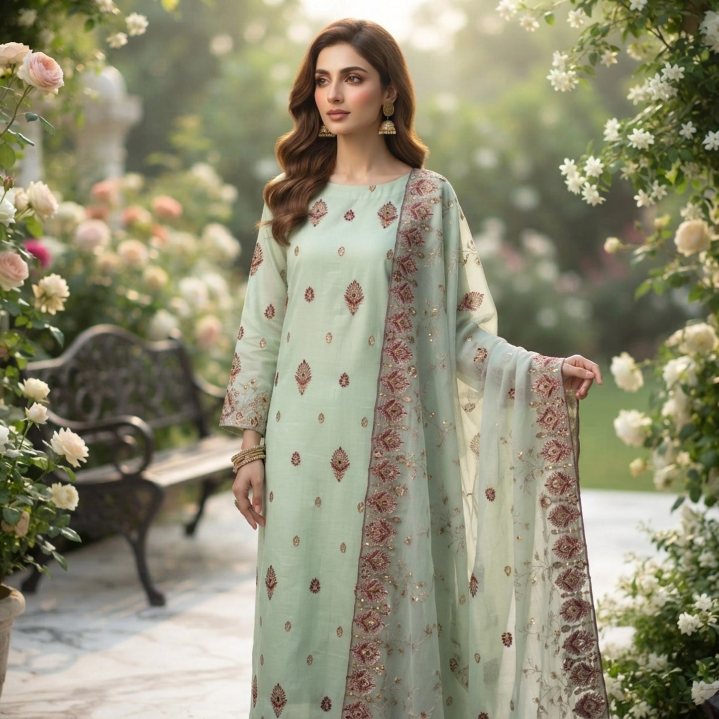 Elegant Mint Green 3 Piece Unstitched Lawn Suit with Chiffon Dupatta
