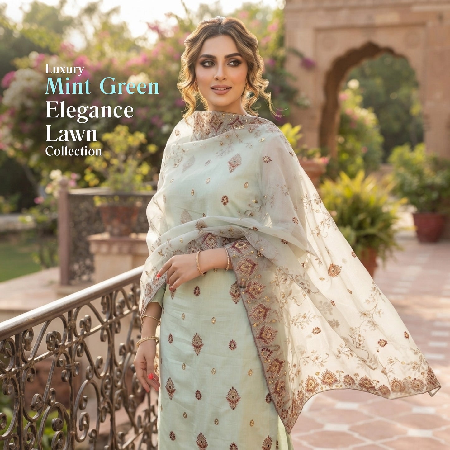 Elegant Mint Green 3 Piece Unstitched Lawn Suit with Chiffon Dupatta
