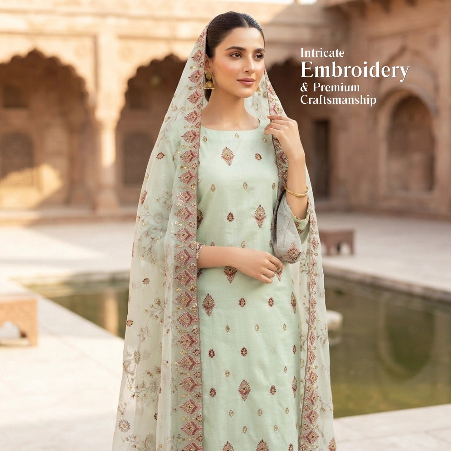 Elegant Mint Green 3 Piece Unstitched Lawn Suit with Chiffon Dupatta