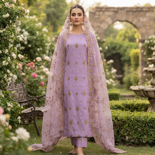 Elegant Lavender 3 Piece Unstitched Lawn Suit with Embroidered Dupatta