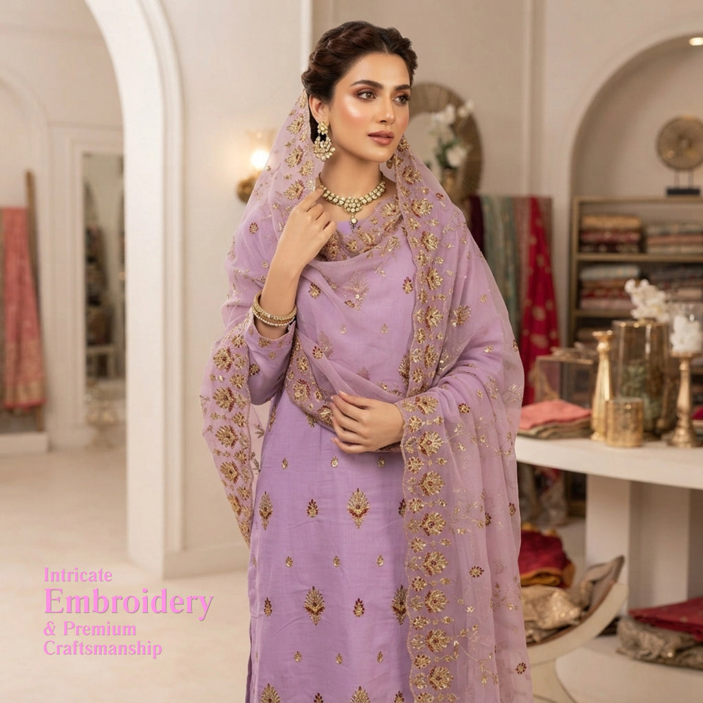 Elegant Lavender 3 Piece Unstitched Lawn Suit with Embroidered Dupatta