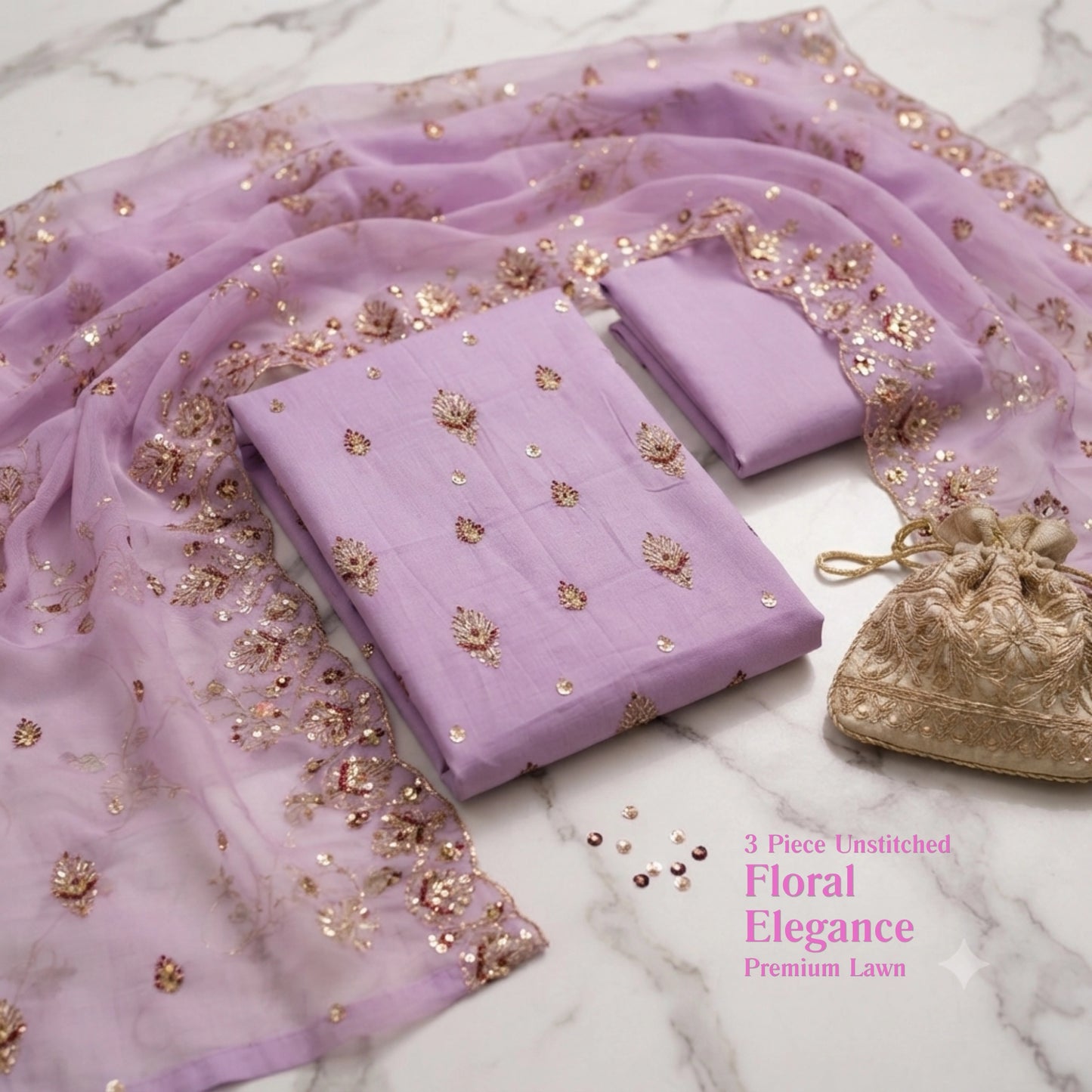 Elegant Lavender 3 Piece Unstitched Lawn Suit with Embroidered Dupatta