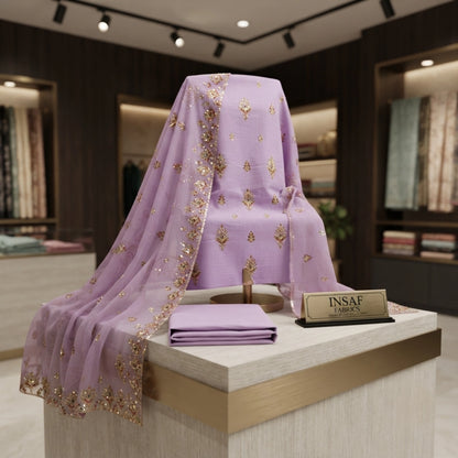Elegant Lavender 3 Piece Unstitched Lawn Suit with Embroidered Dupatta