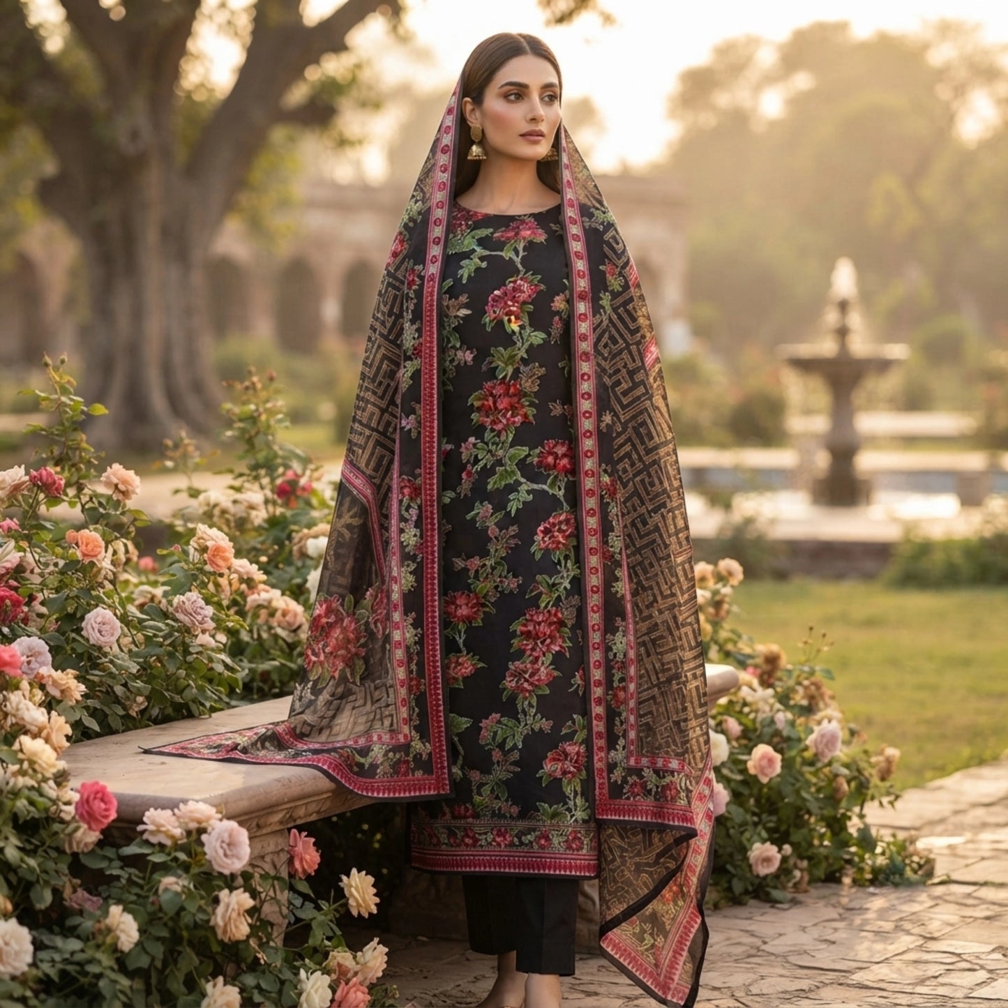 Elegant Black Floral Barosha Silk 3 Piece Unstitched Suit for Women