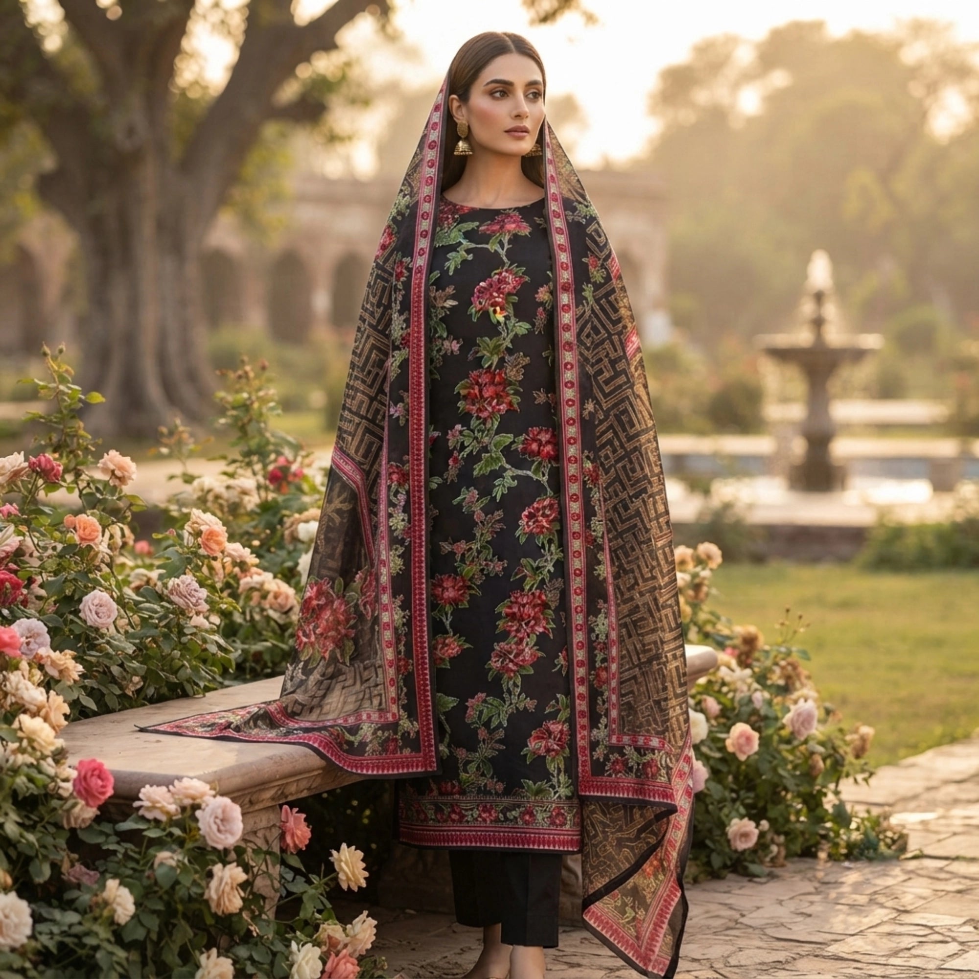 Elegant Black Floral Barosha Silk 3 Piece Unstitched Suit for Women