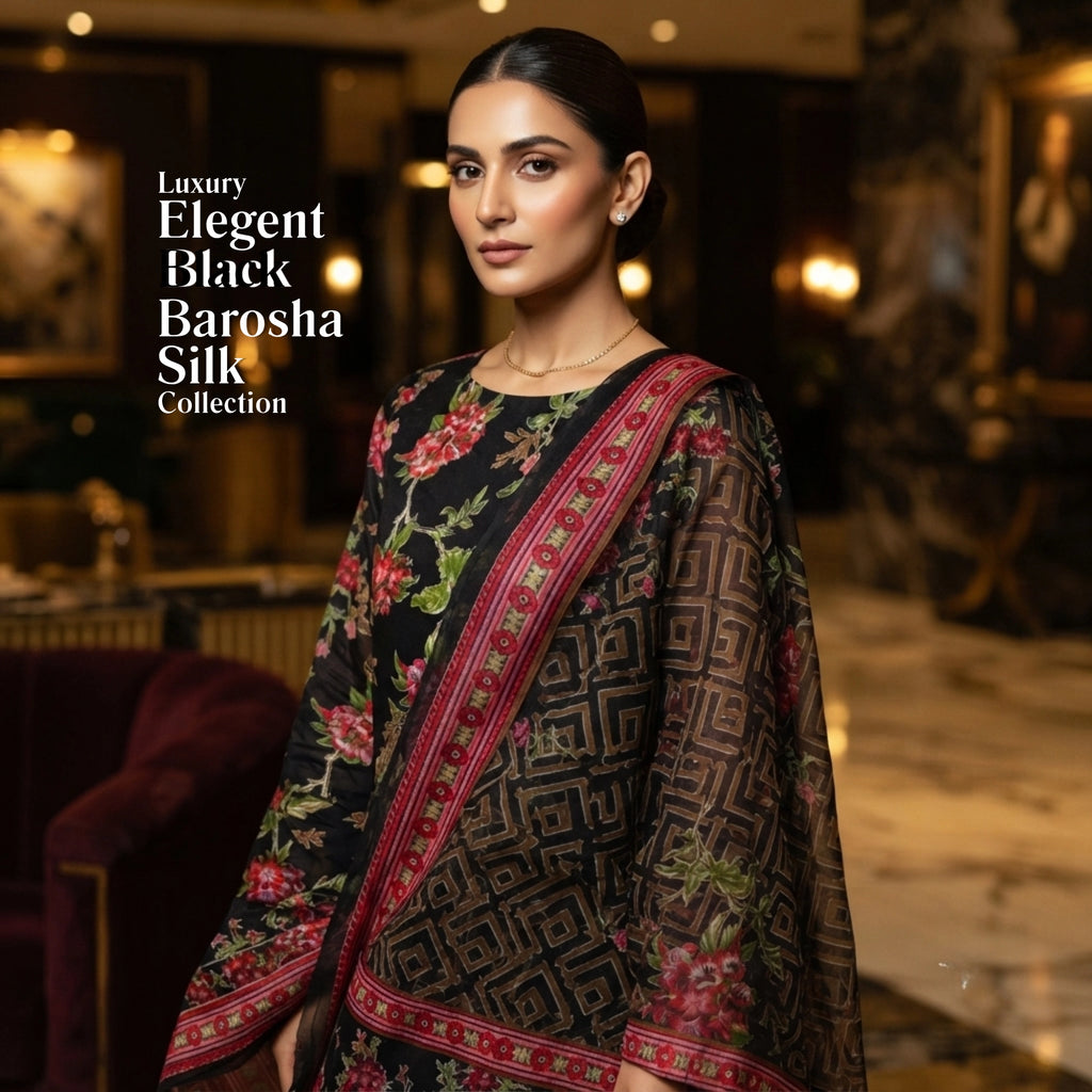 Elegant Black Floral Barosha Silk 3 Piece Unstitched Suit for Women