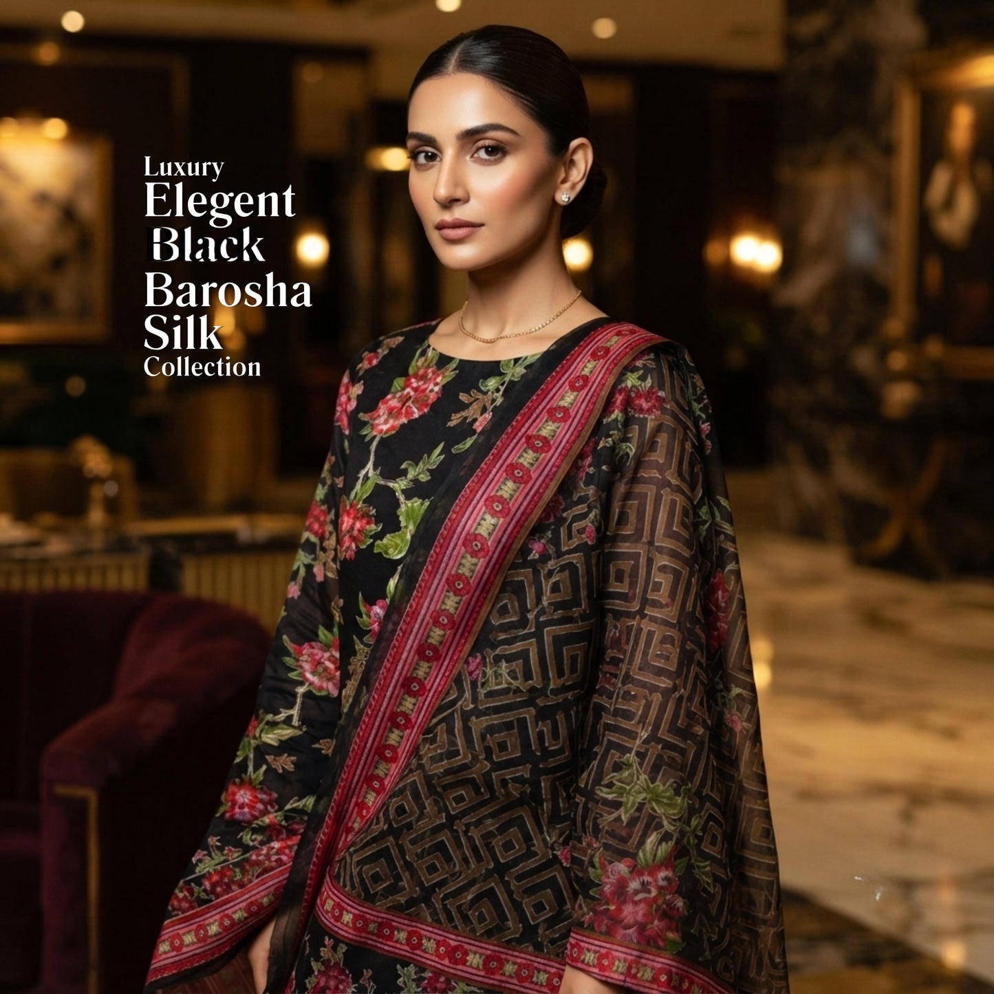 Elegant Black Floral Barosha Silk 3 Piece Unstitched Suit for Women