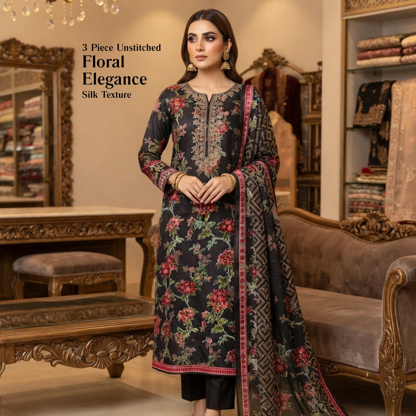 Elegant Black Floral Barosha Silk 3 Piece Unstitched Suit for Women