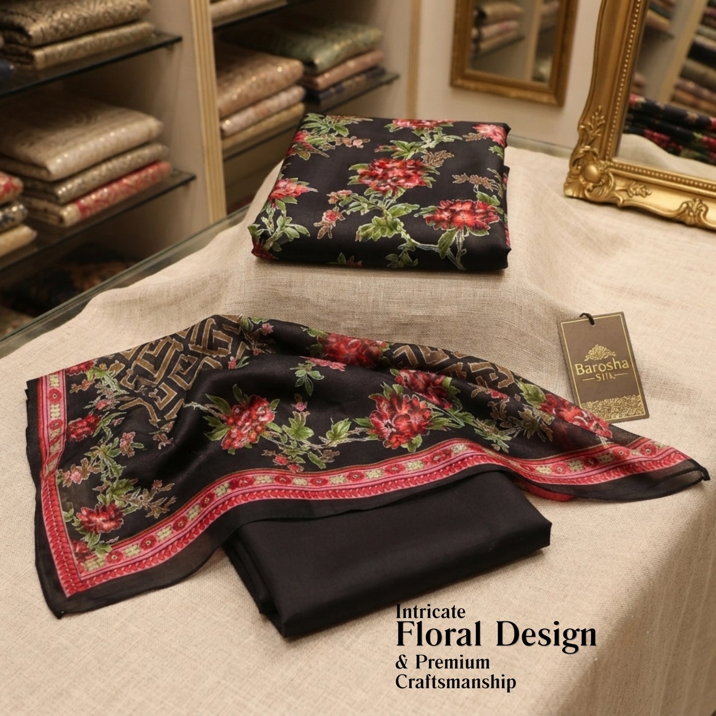 Elegant Black Floral Barosha Silk 3 Piece Unstitched Suit for Women