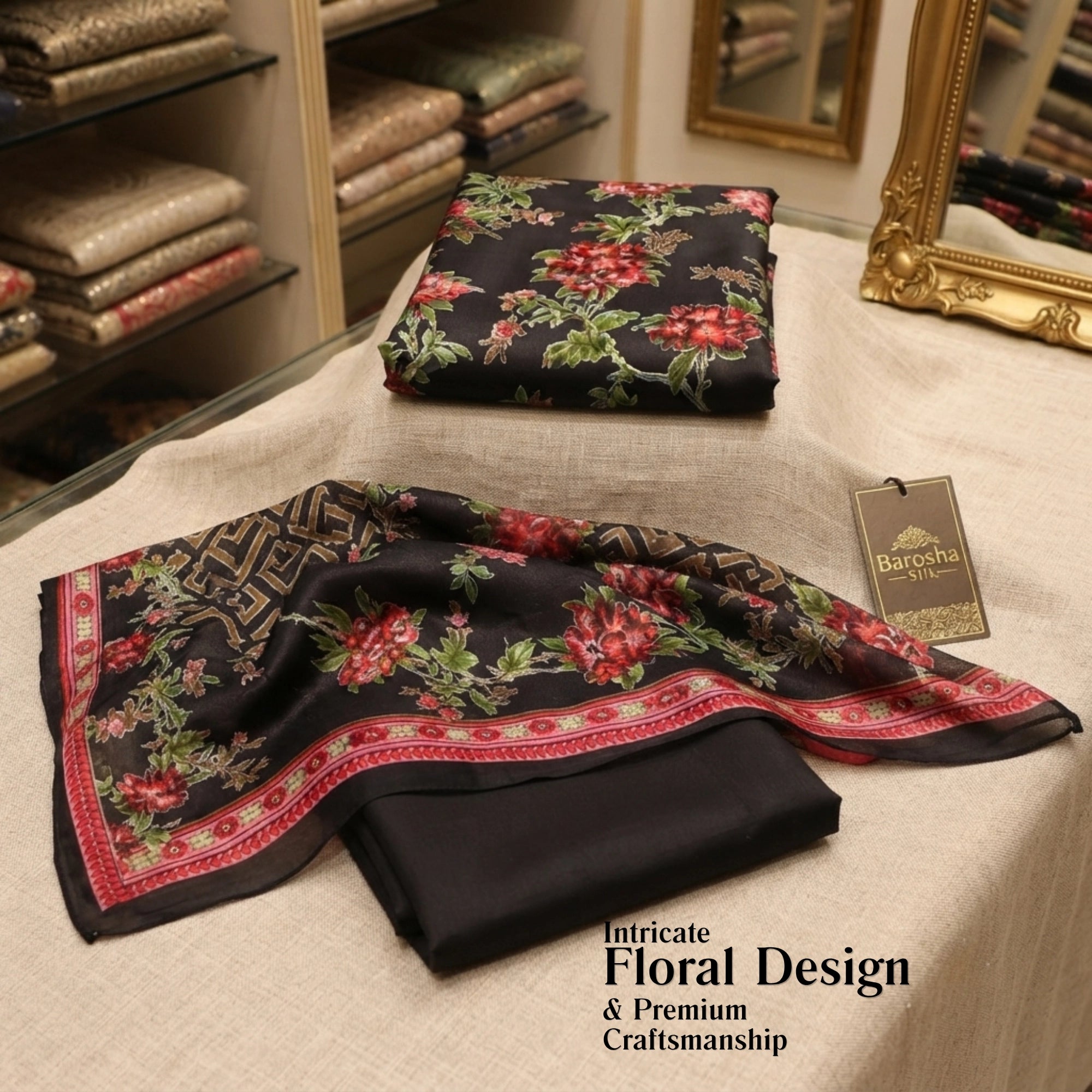 Elegant Black Floral Barosha Silk 3 Piece Unstitched Suit for Women