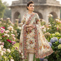 Off White Floral Barosha Silk 3 Piece Unstitched Suit