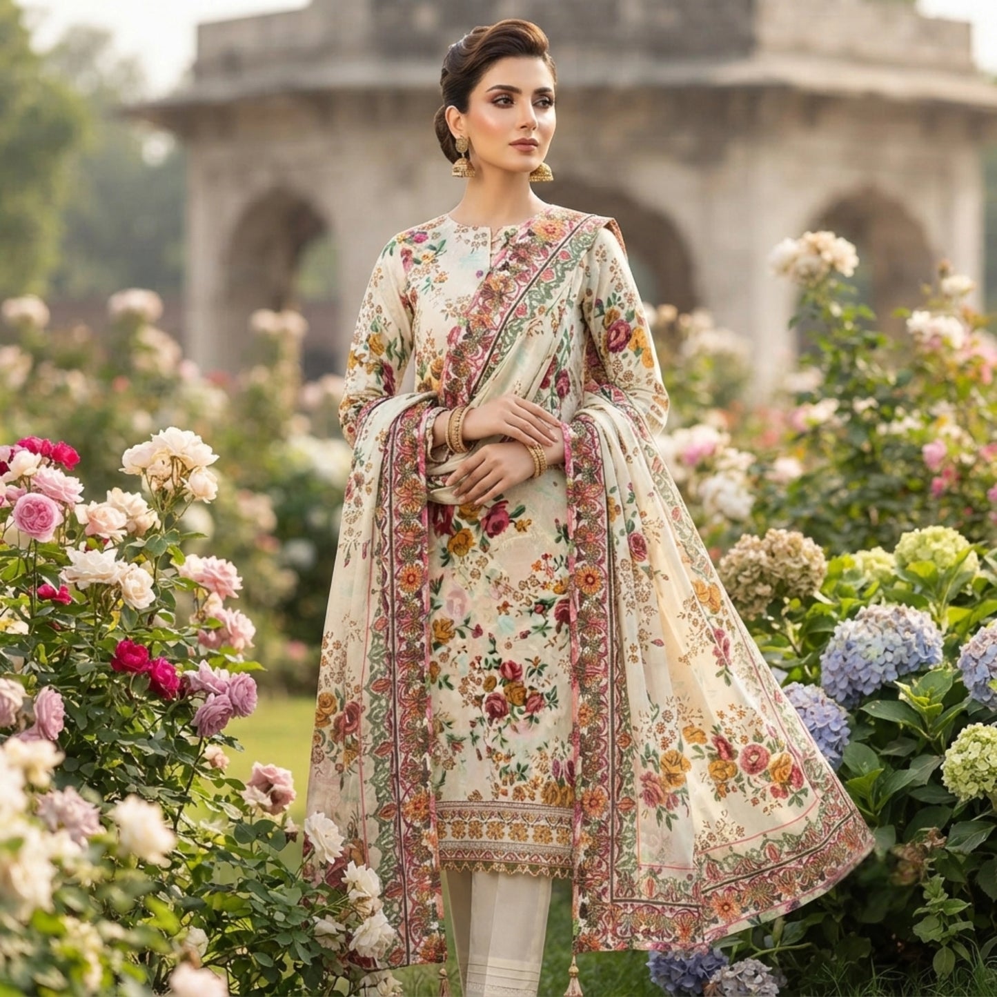 Off White Floral Barosha Silk 3 Piece Unstitched Suit