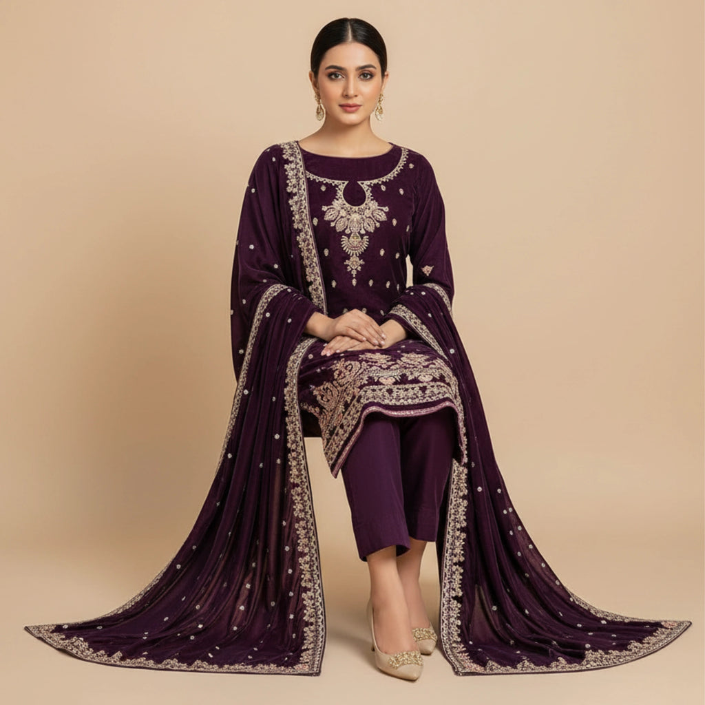 Plum Velvet 3 Piece Unstitched Suit - Insaf Fabrics