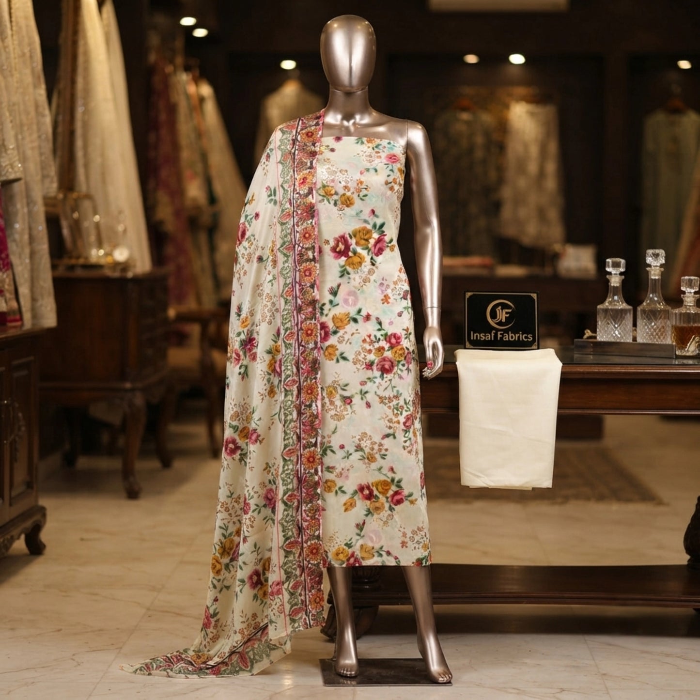 Off White Floral Barosha Silk 3 Piece Unstitched Suit