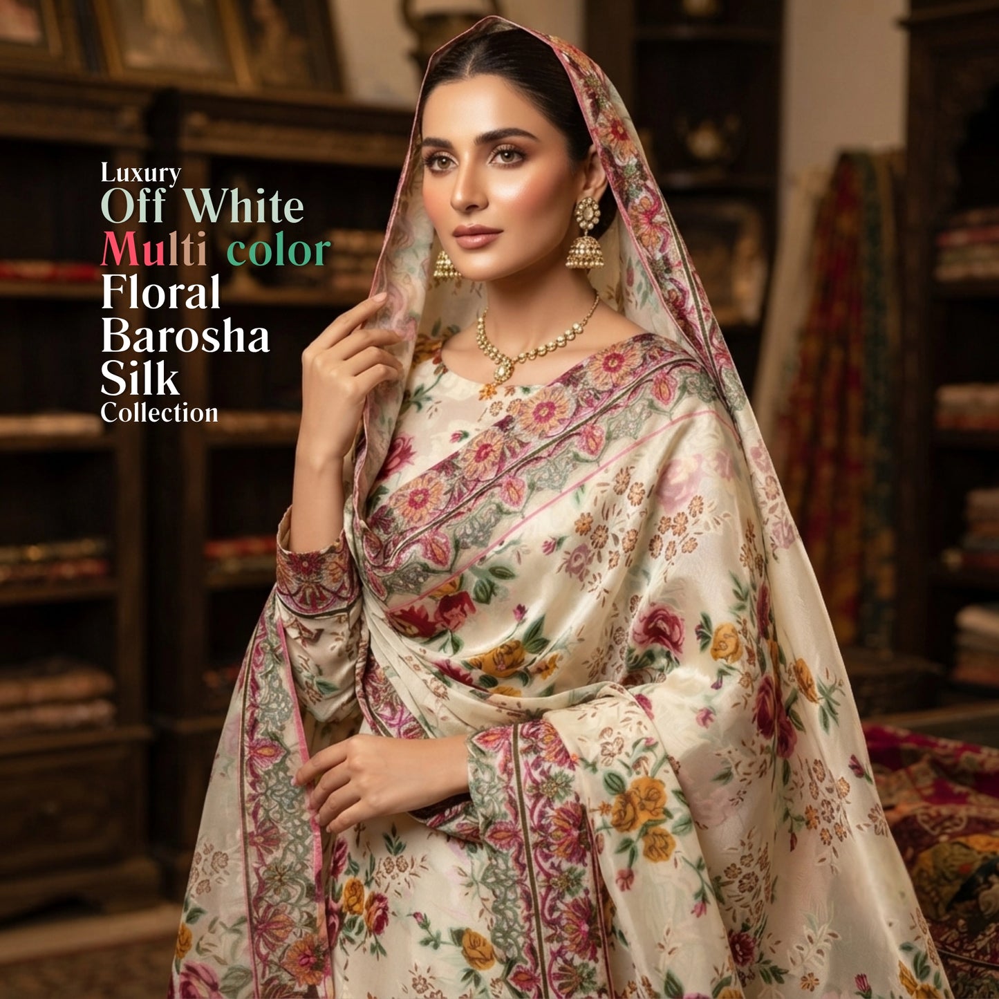 Off White Floral Barosha Silk 3 Piece Unstitched Suit