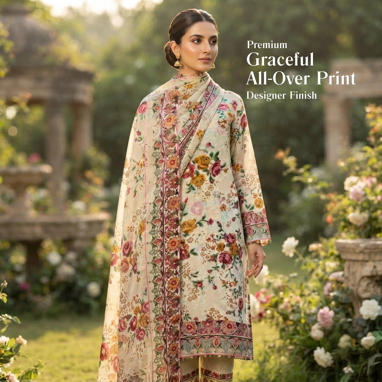 Off White Floral Barosha Silk 3 Piece Unstitched Suit
