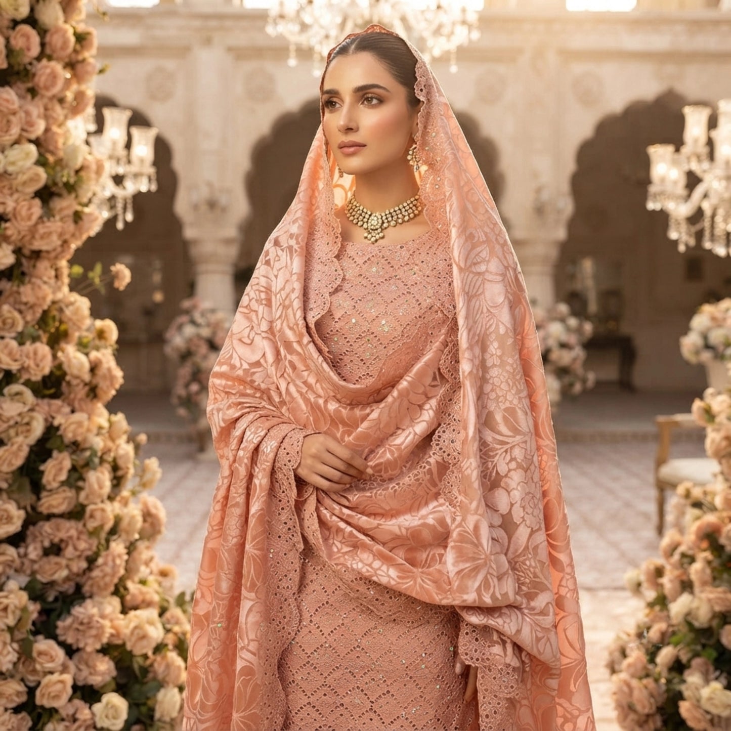 Dusty Peach Embroidered Ambose Silk 3 Piece Unstitched Suit