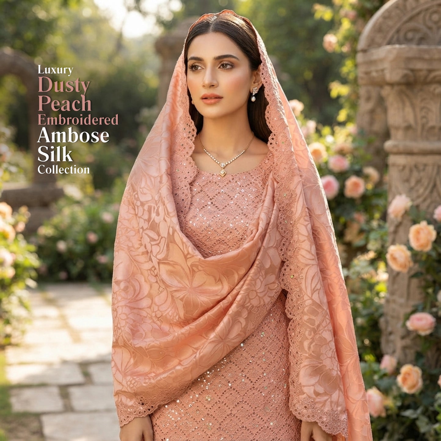 Dusty Peach Embroidered Ambose Silk 3 Piece Unstitched Suit