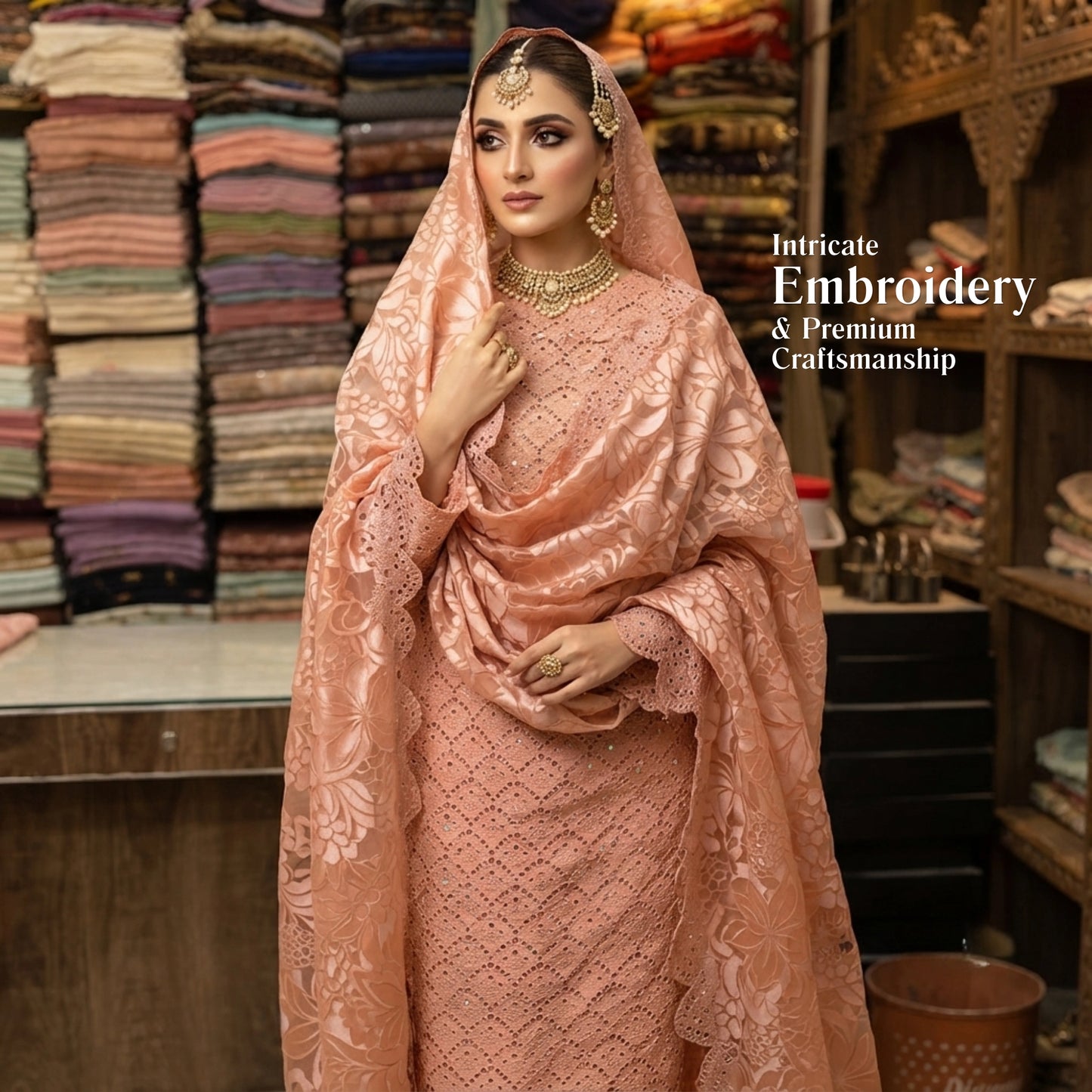 Dusty Peach Embroidered Ambose Silk 3 Piece Unstitched Suit
