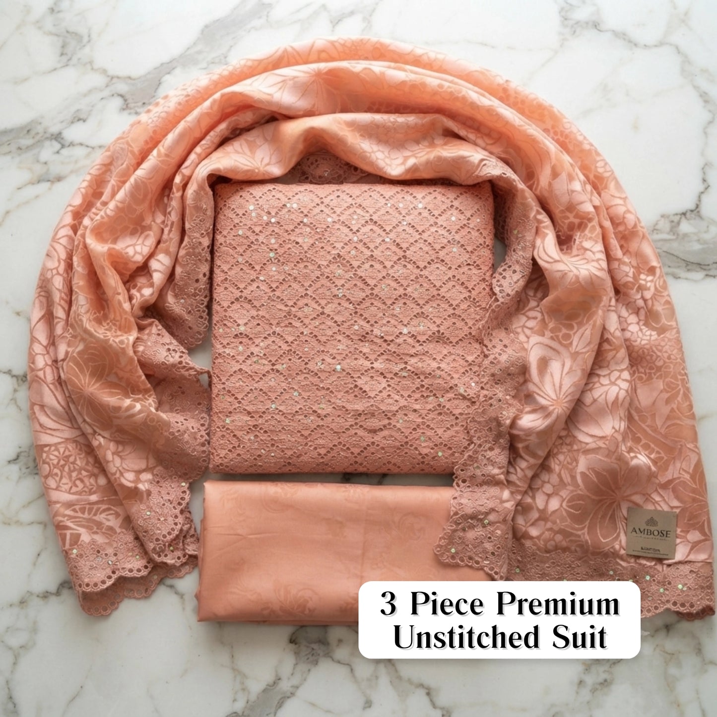 Dusty Peach Embroidered Ambose Silk 3 Piece Unstitched Suit