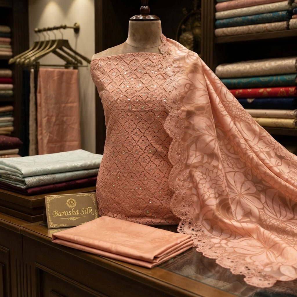 Dusty Peach Embroidered Ambose Silk 3 Piece Unstitched Suit