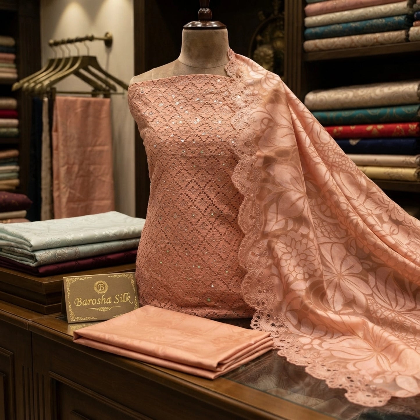 Dusty Peach Embroidered Ambose Silk 3 Piece Unstitched Suit