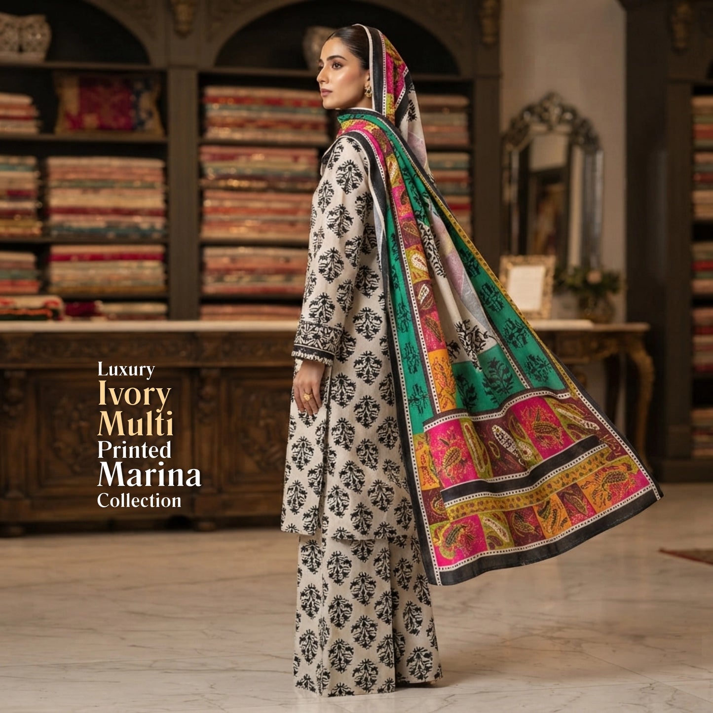 Ivory Multi Printed Marina 3 Piece Unstitched Suit