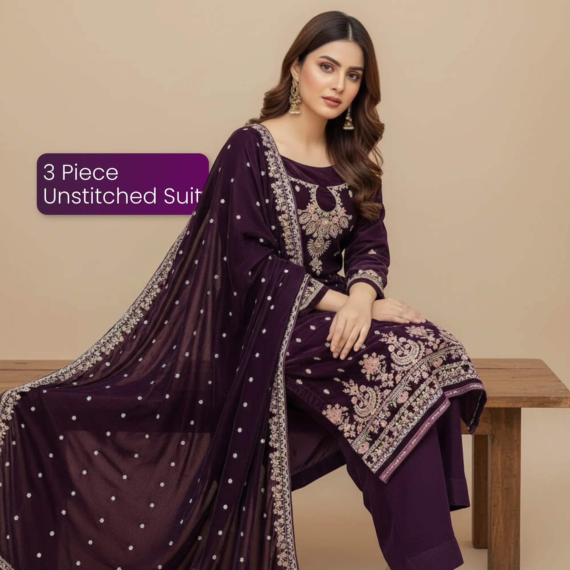 Plum Velvet 3 Piece Unstitched Suit - Insaf Fabrics