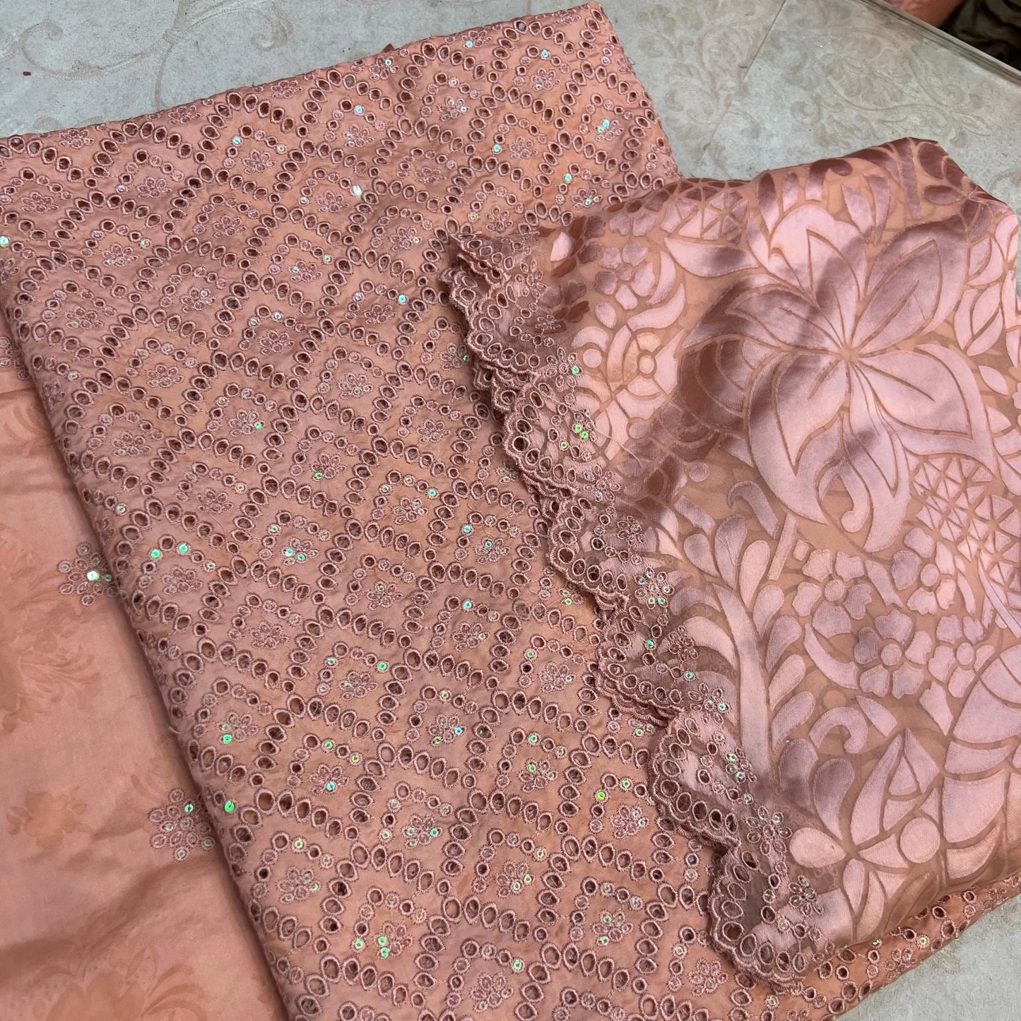 Dusty Peach Embroidered Ambose Silk 3 Piece Unstitched Suit