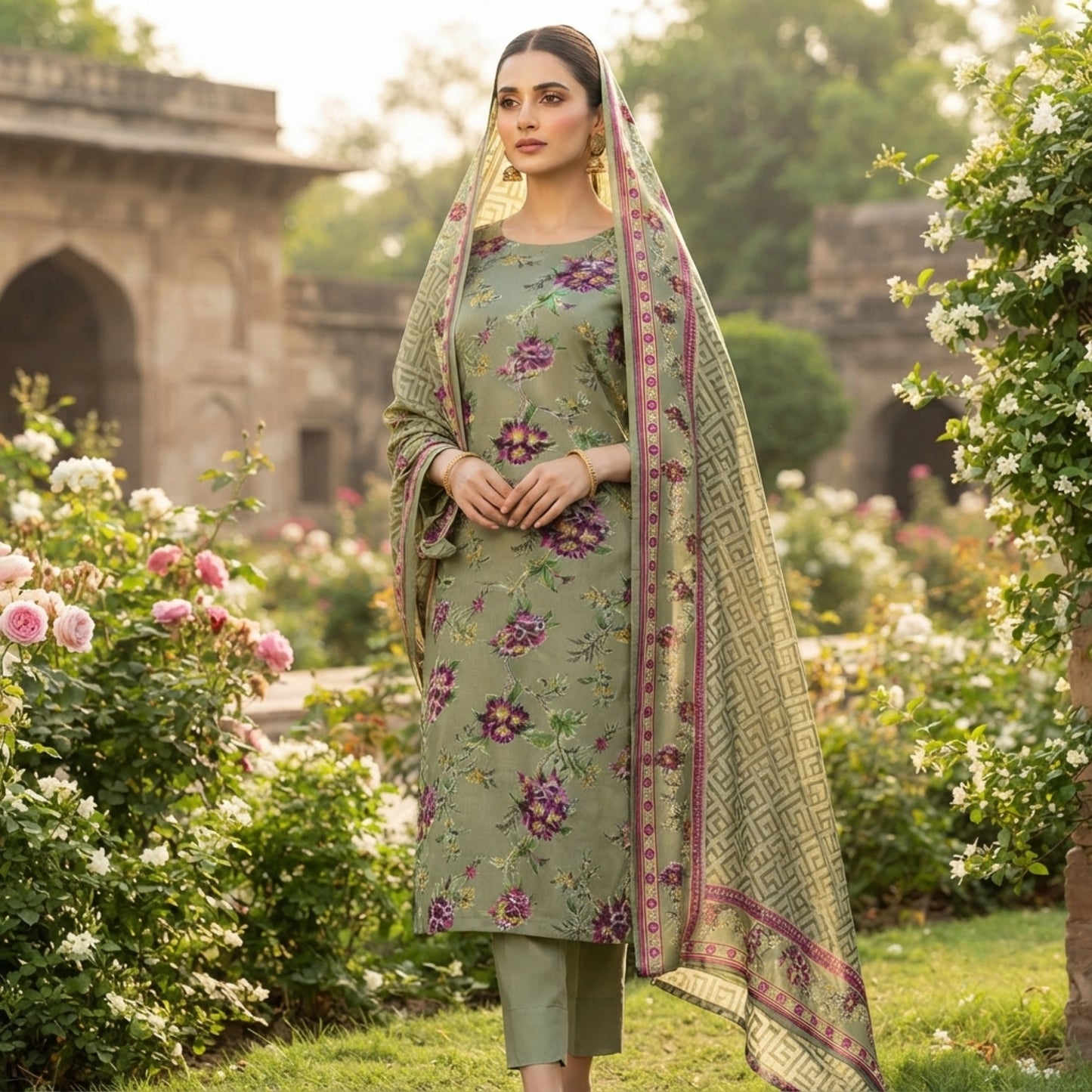 Sage Green Floral Barosha Silk 3 Piece Unstitched Suit