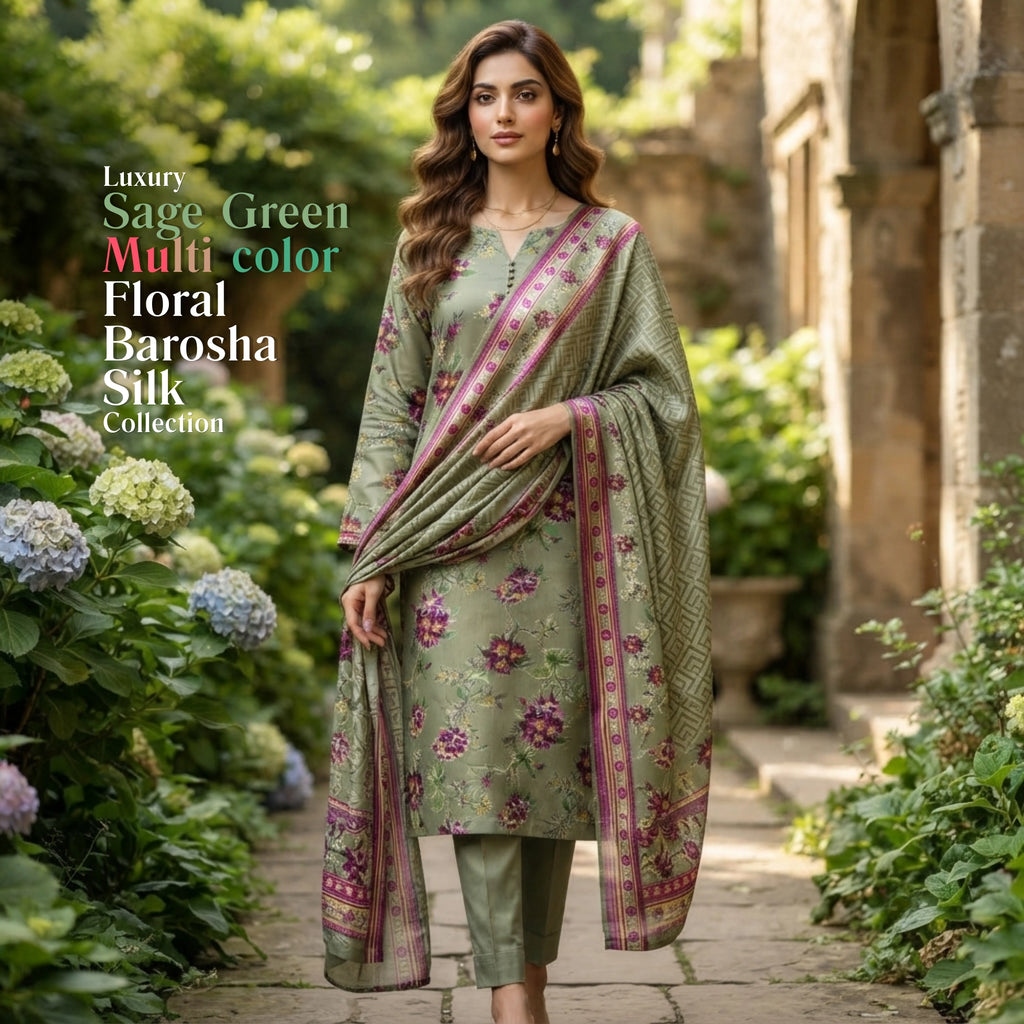 Sage Green Floral Barosha Silk 3 Piece Unstitched Suit