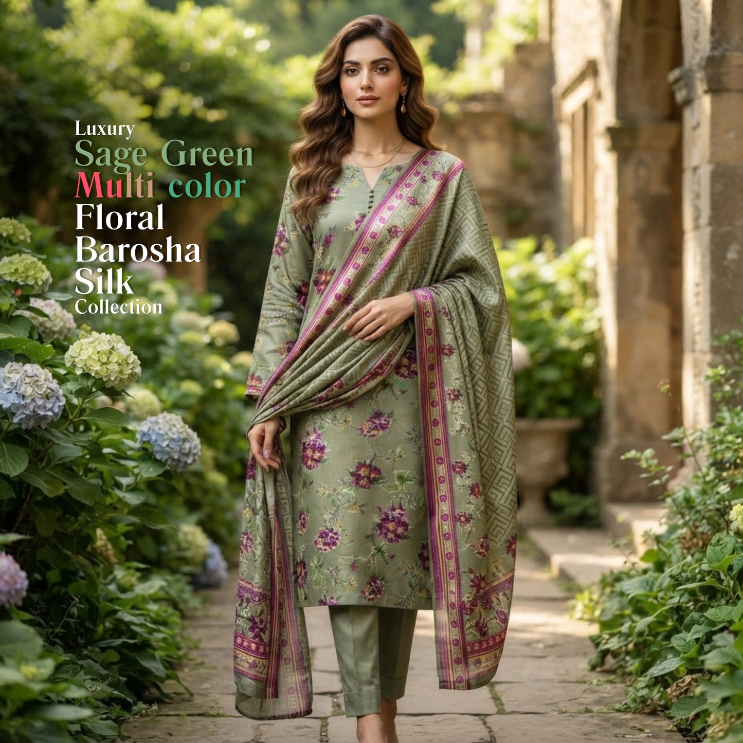 Sage Green Floral Barosha Silk 3 Piece Unstitched Suit