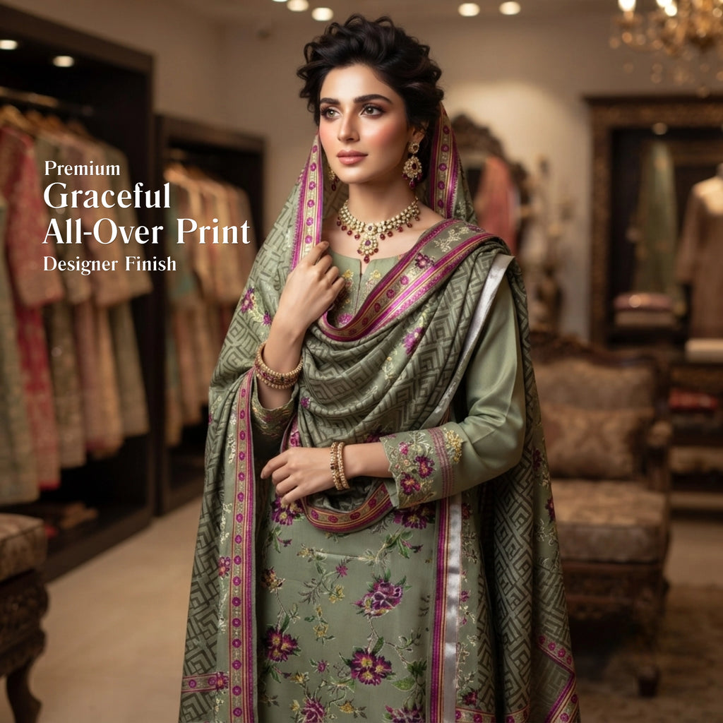 Sage Green Floral Barosha Silk 3 Piece Unstitched Suit