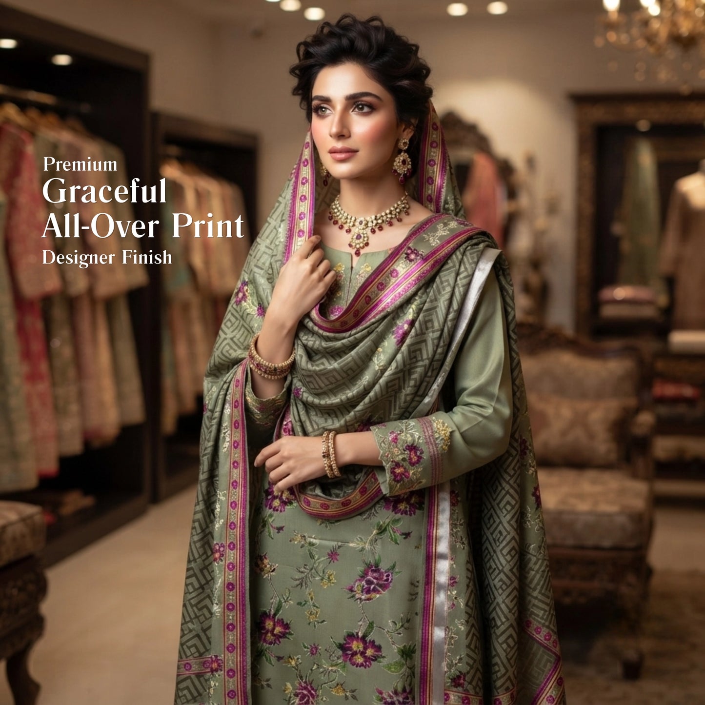 Sage Green Floral Barosha Silk 3 Piece Unstitched Suit