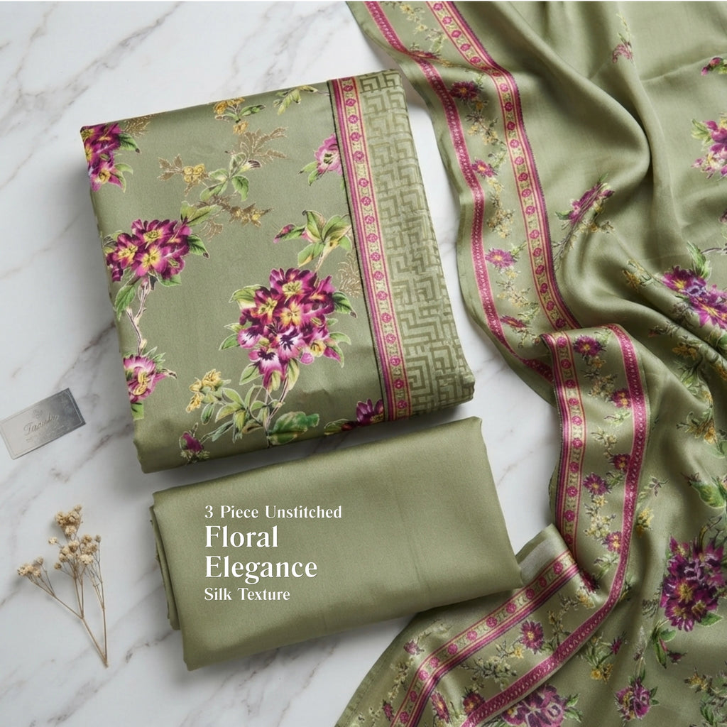 Sage Green Floral Barosha Silk 3 Piece Unstitched Suit