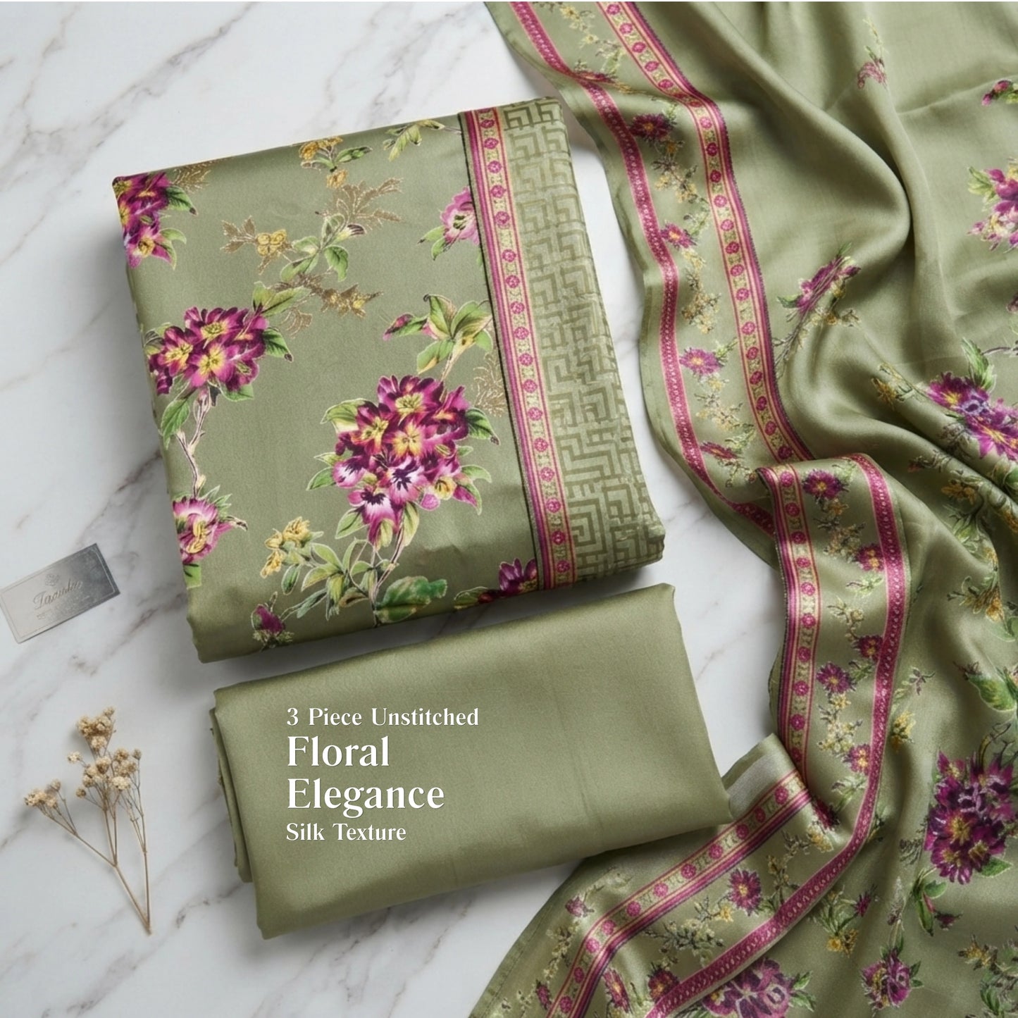 Sage Green Floral Barosha Silk 3 Piece Unstitched Suit